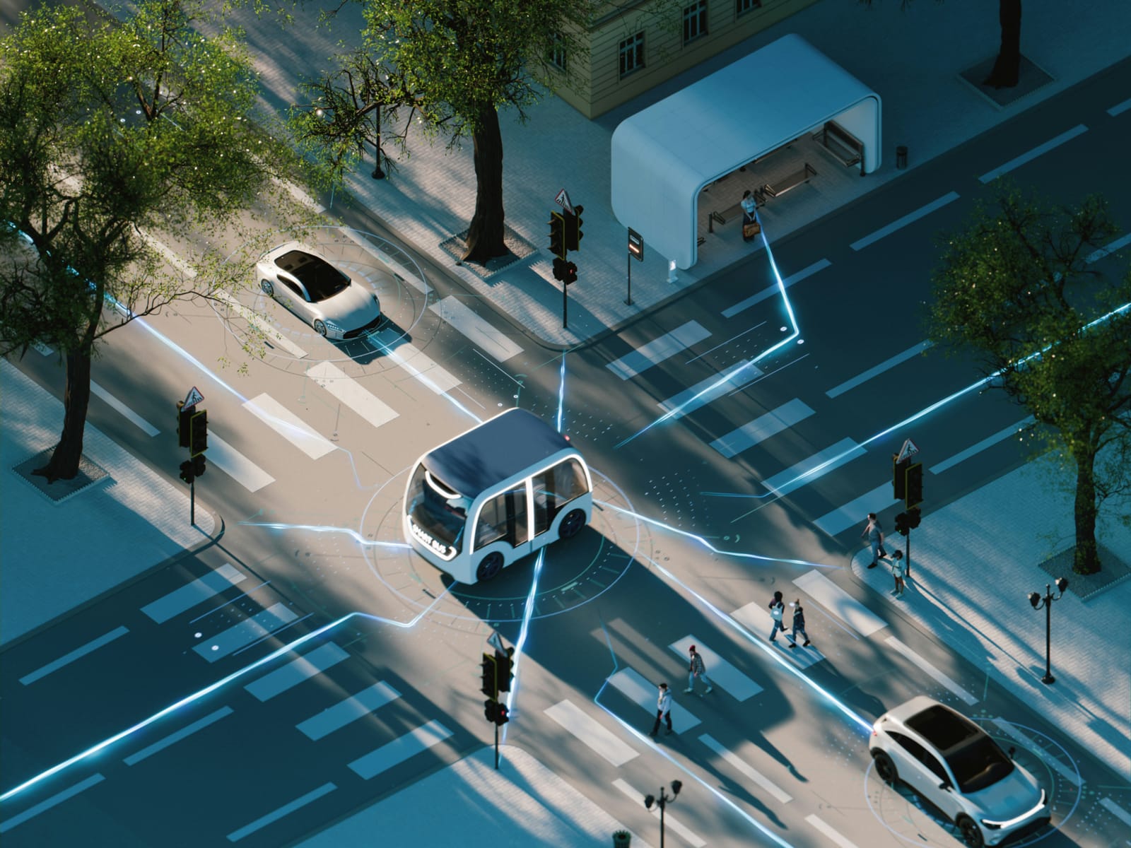 Illustrated intersection with connected vehicles and roadside units