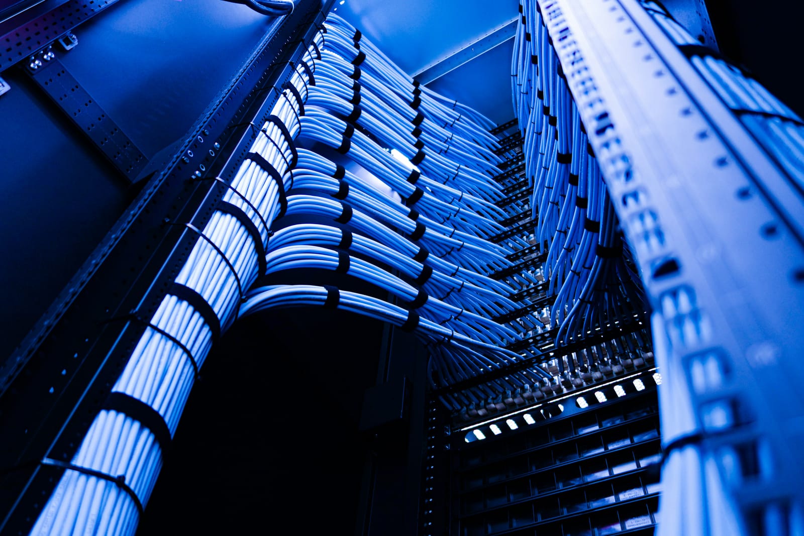 Server racks lit in blue in a data hall