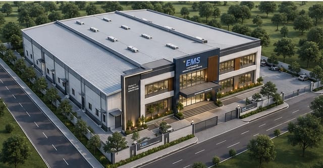 Aerial render showing the production hall alongside the two-storey office block