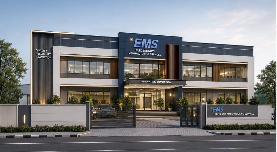 Architectural render of the EMS facility frontage at dusk