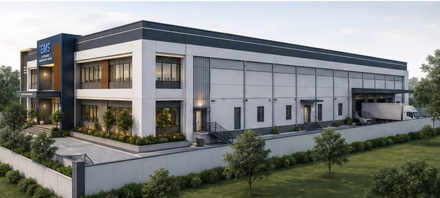Render of the production hall elevation with the goods vehicle entrance