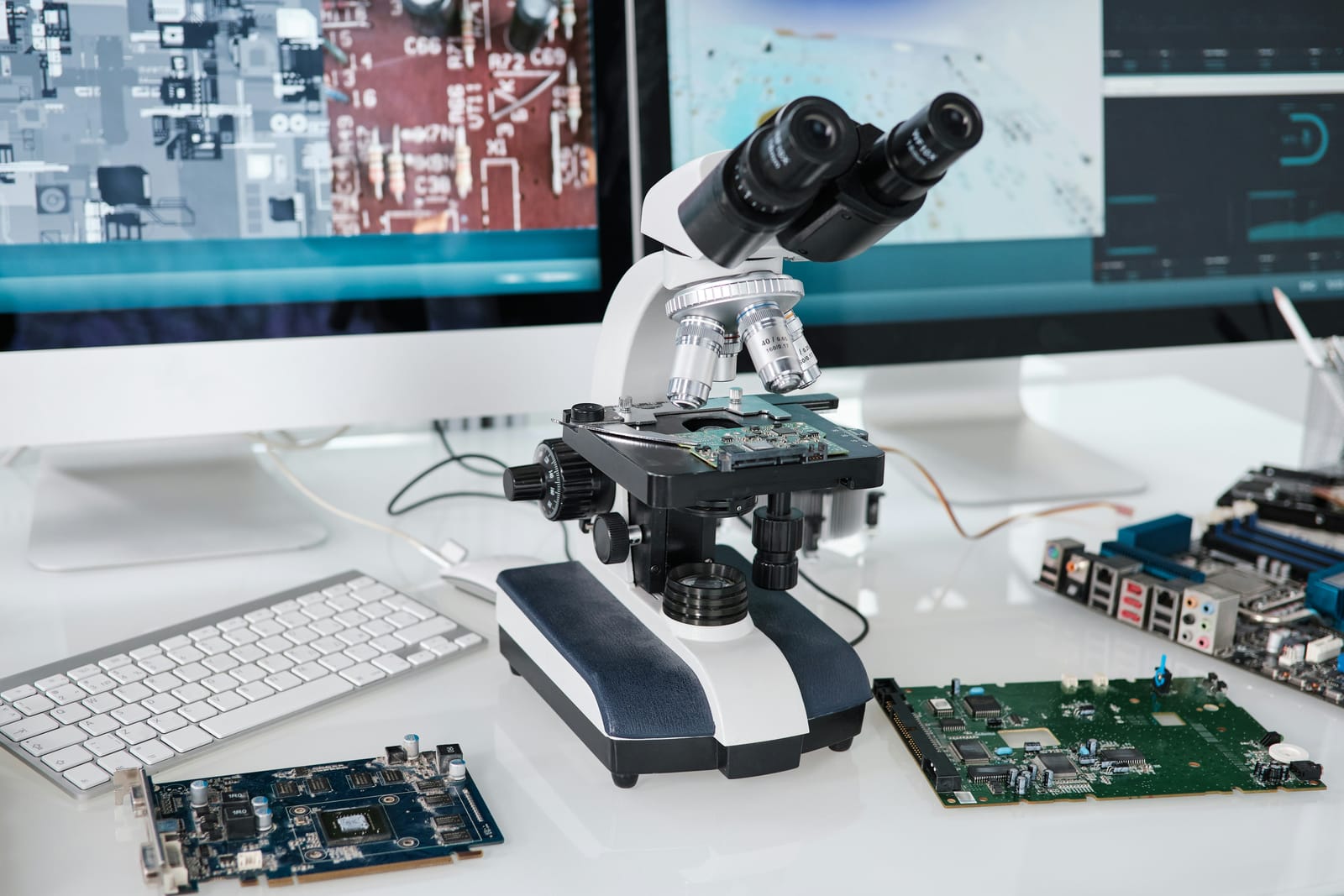 Microscope and instrumentation on a laboratory bench