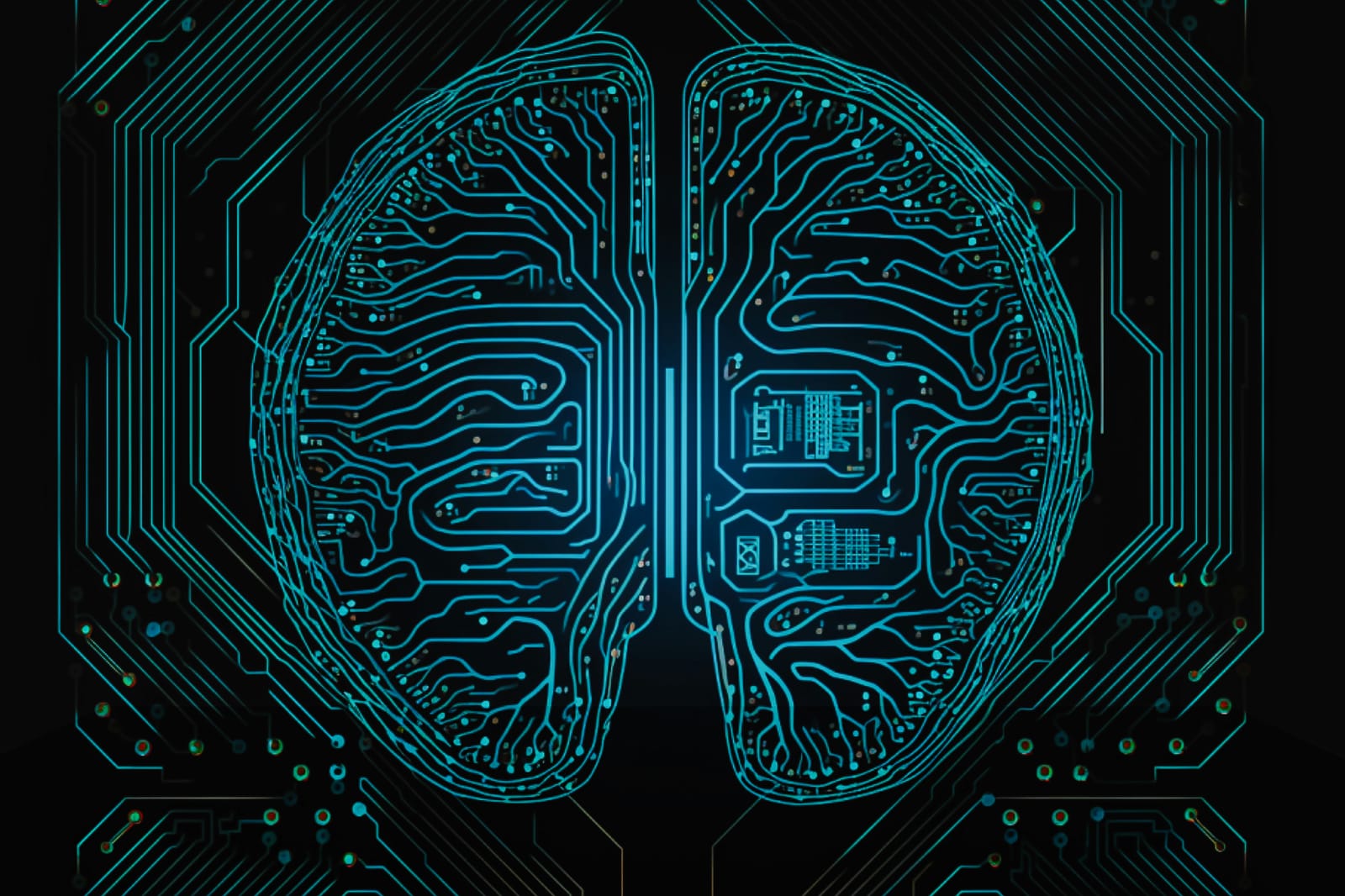 Circuit traces forming the shape of two brain hemispheres