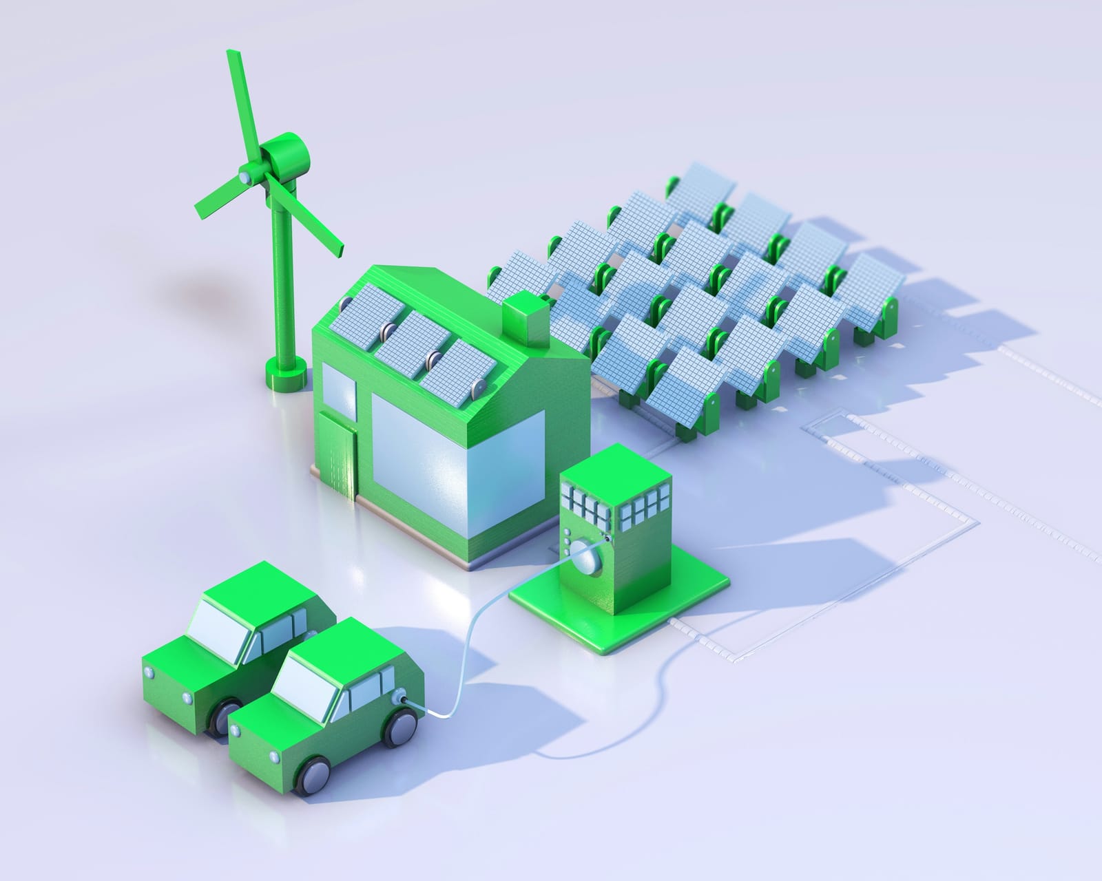 Illustrated microgrid with wind turbine, solar array and electric vehicles